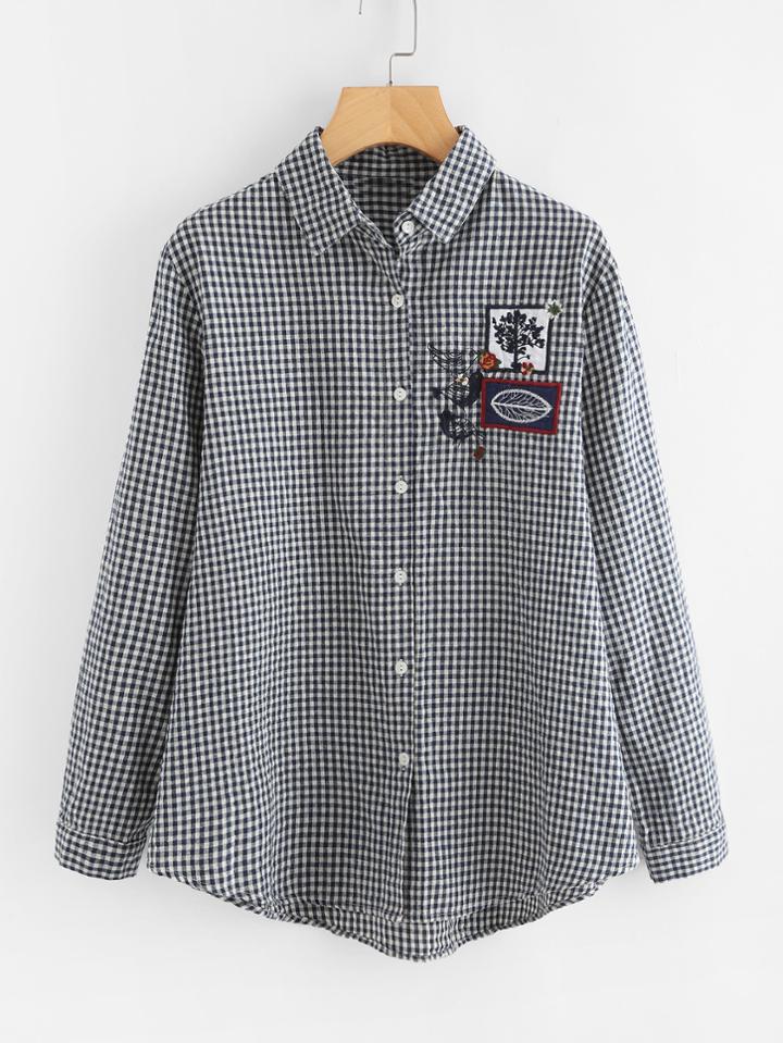 Shein Embroidered Patch Dolphin Hem Gingham Blouse