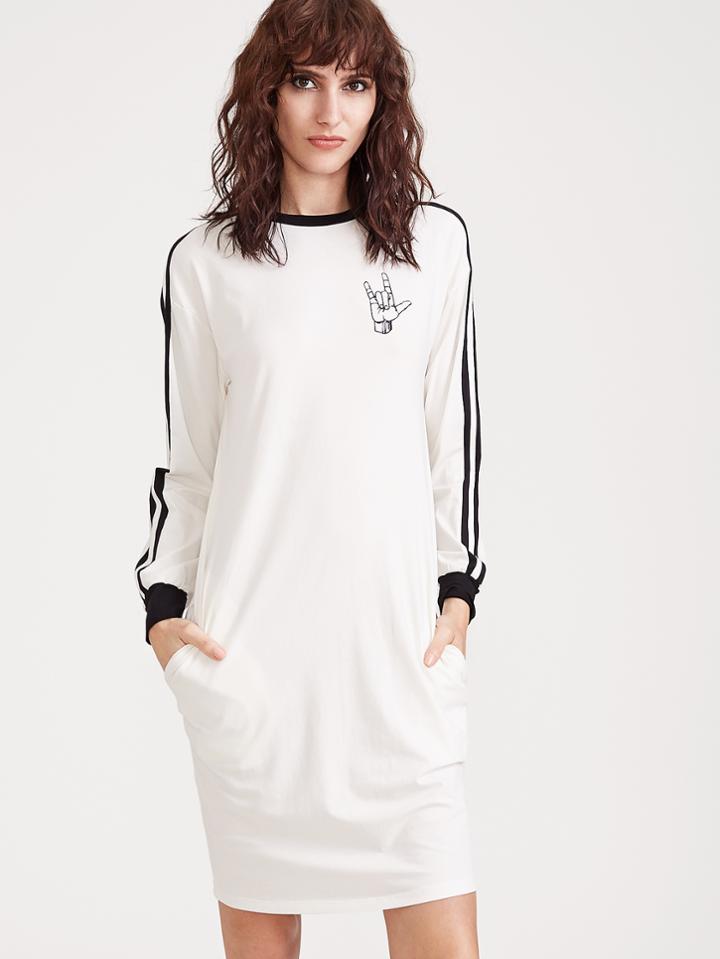Shein White Contrast Trim Striped Sleeve Printed Tee Dress