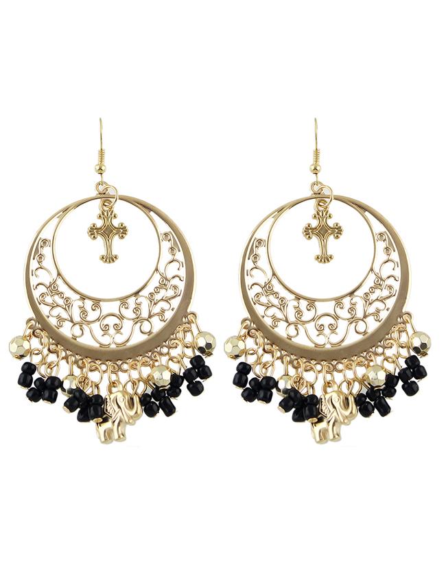 Shein Black Ethnic Style Beads Tassel Large Chandelier Earrings