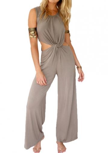 Rosewe Cutout Waist Sleeveless Khaki Ankle Length Jumpsuit