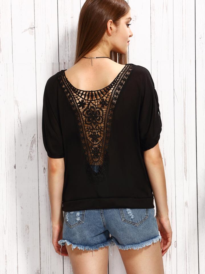 Shein Black Crochet Back Roll Tab Sleeve T-shirt