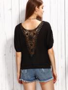 Shein Black Crochet Back Roll Tab Sleeve T-shirt