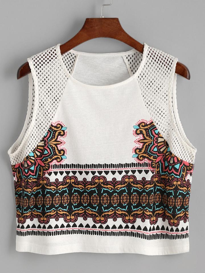 Shein Vintage Print Contrast Fishnet Lace Tank Top