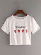 Shein Strawberry Print Crop T-shirt - White