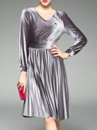 Shein Grey V Neck Velvet Pleated A-line Dress