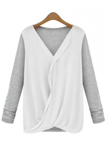 Rosewe Laconic Color Block V Neck Long Sleeve T Shirt