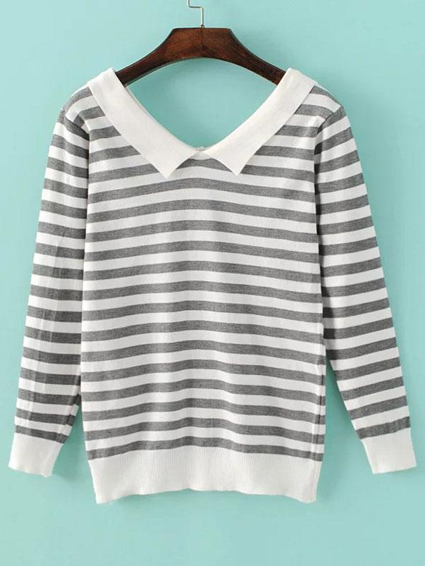 Shein Grey Contrast Striped Lapel Knitwear