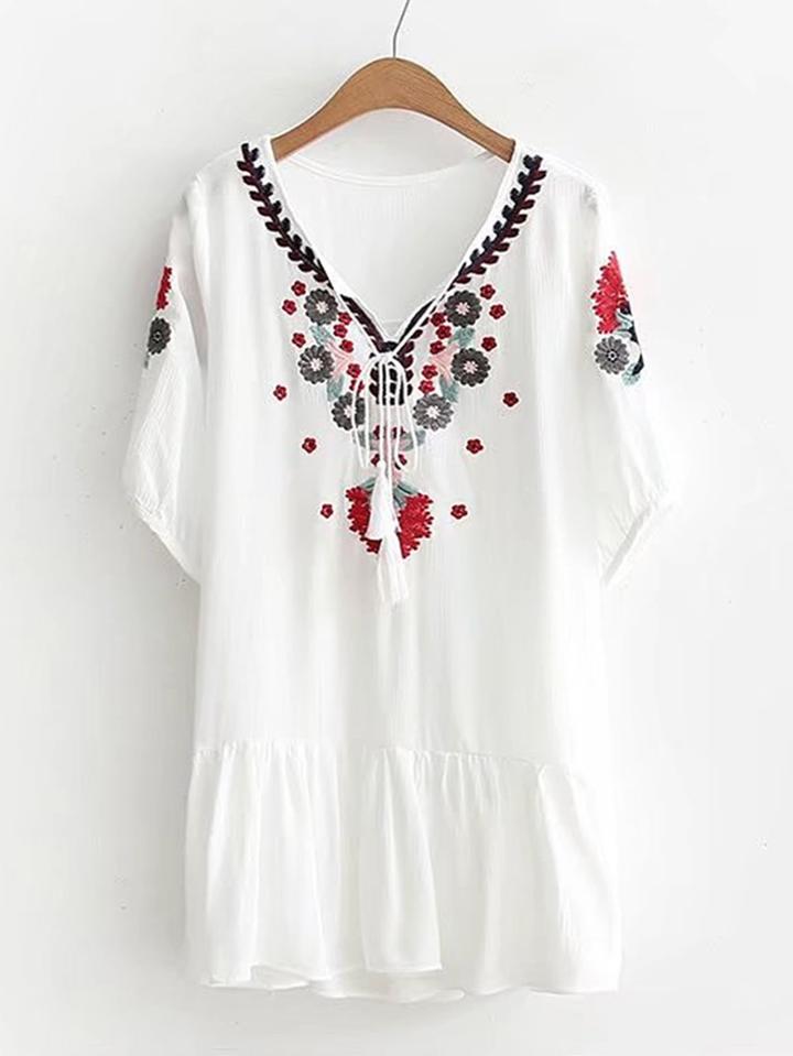 Shein Flower Embroidery Ruffle Hem Tassel Tie Dress