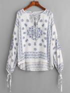 Shein White Vintage Print Tie Neck Tie Sleeve Dip Hem Blouse