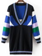 Shein Multicolor V Neck Stripe Trim Sweater