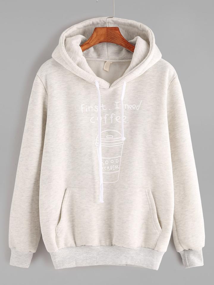 Shein Grey Hooded Printed Pocket Slub Sweatshirt