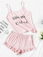 Shein Letter Print Cami And Ruffle Shorts Pajama Set