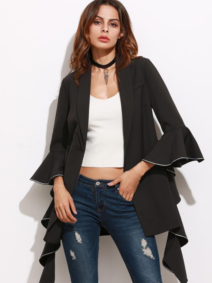 Shein Black Contrast Piping Dramatic Bell Sleeve Blazer
