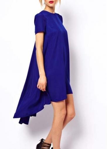Rosewe Fashion High Low Hem Blue Short Sleeve Dress