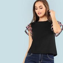 Shein Mesh Striped Sleeve Keyhole Back Tee