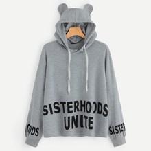 Shein Drawstring Letter Hoodie With Ears