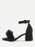 Shein Black Faux Fur Ankle Strap Chunky Heels