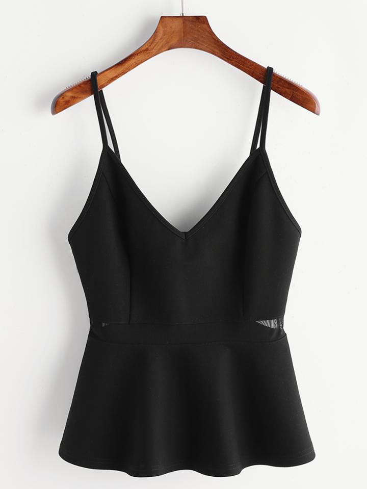 Shein Black Mesh Insert Peplum Cami Top