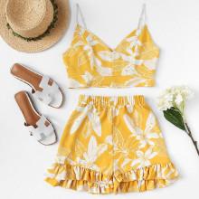 Shein Tropical Print Cami Top With Ruffle Hem Shorts