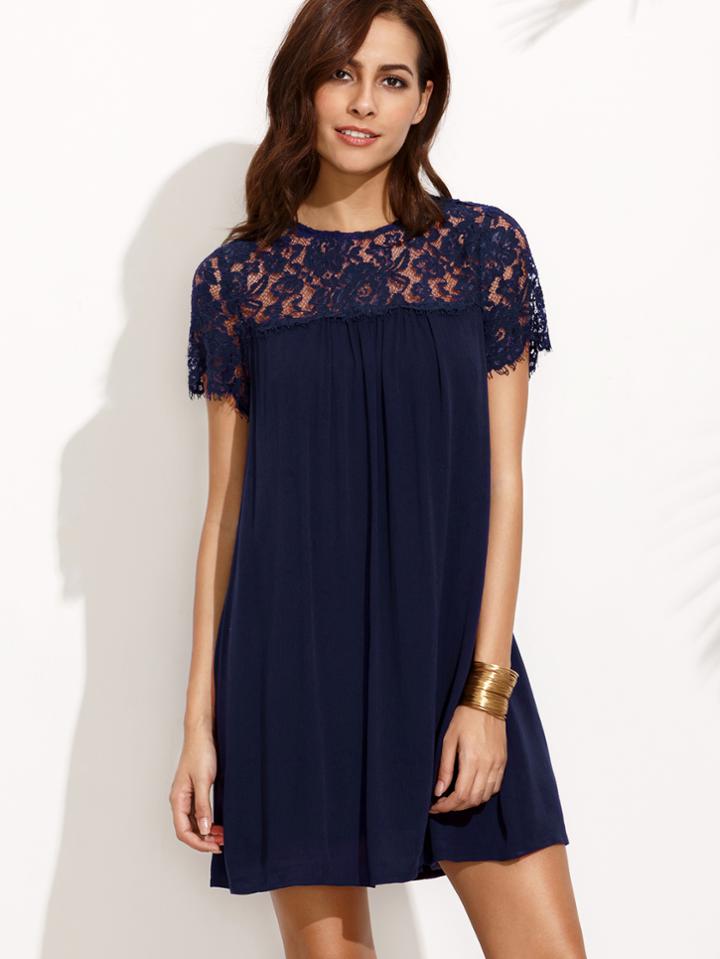 Shein Dark Blue Round Neck Lace Short Sleeve Shift Dress