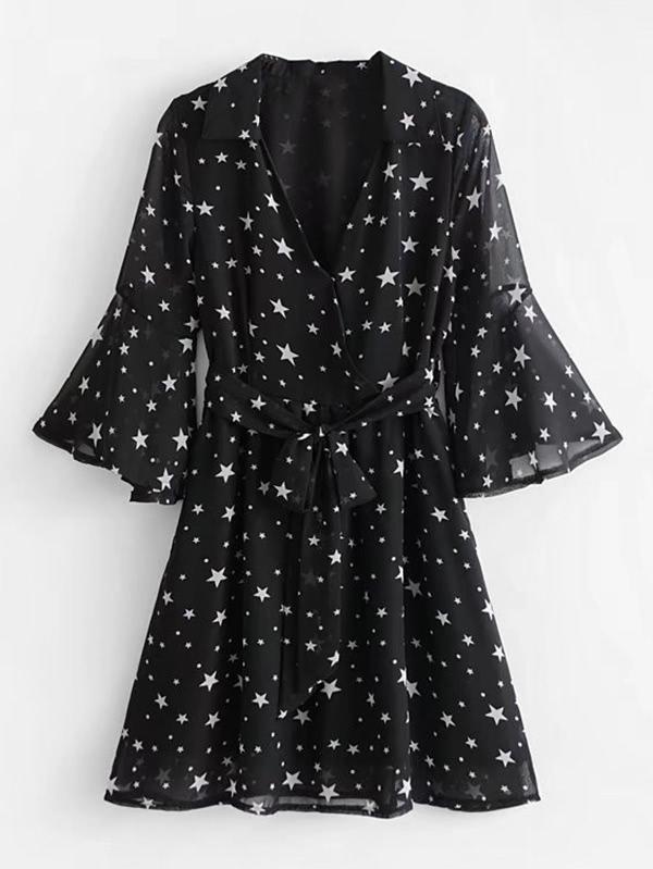 Shein Star Print Flounce Sleeve Self Tie Dress