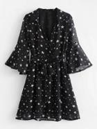 Shein Star Print Flounce Sleeve Self Tie Dress