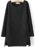 Shein Black Woven Round Neck Long Sleeve Pattern Split Dress