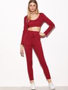 Shein Red Crop Hooded Top With Drawstring Waist Pants