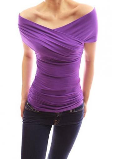 Rosewe Off The Shoulder Solid Purple T Shirt
