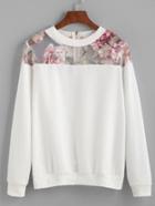Shein White Florals Mesh Insert Zipper Sweatshirt