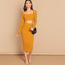 Shein Rib Knit Crop Top And Bodycon Skirt Set