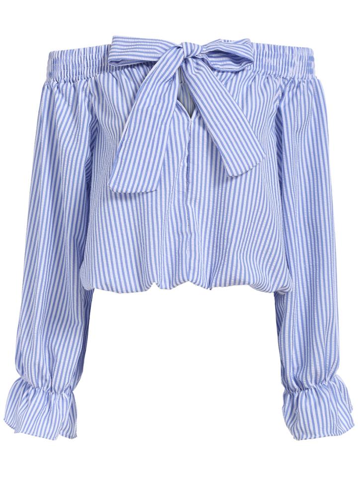 Shein Boat Neck With Bow Vertical Striped Blue Top