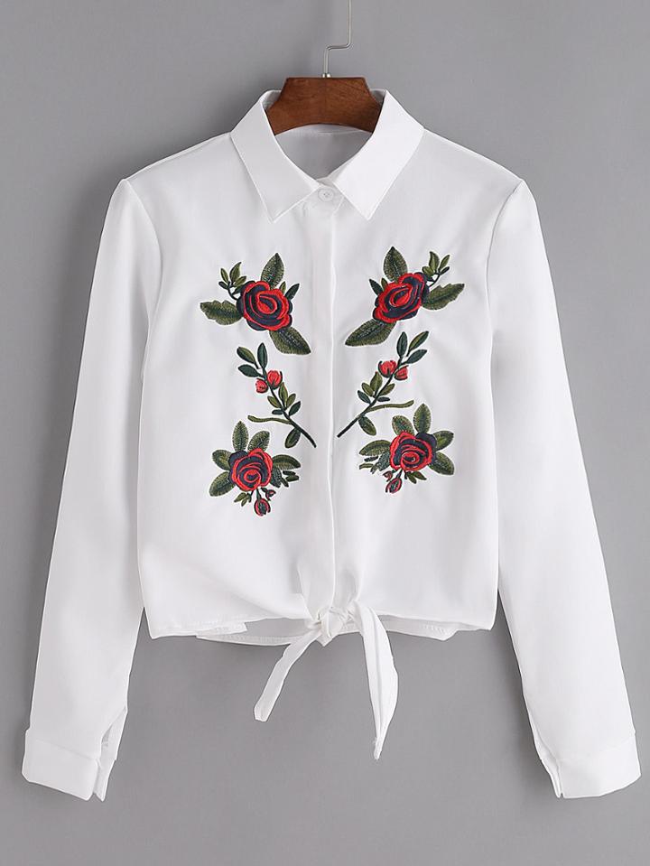 Shein White Flower Embroidered Tie Front Shirt