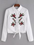 Shein White Flower Embroidered Tie Front Shirt