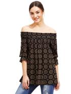 Shein Ornate Print Shirred Bardot Pleated Blouse