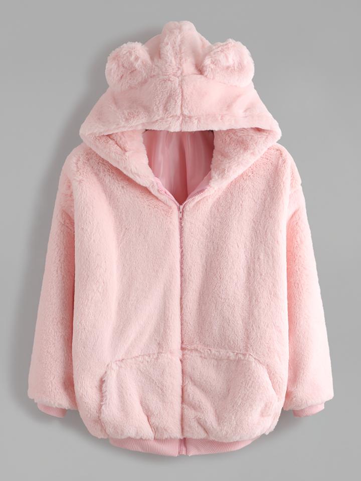 Shein Pink Bear Ear Hooded Zipper Up Shaggy Coat