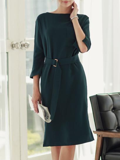 Shein Dark Green Round Neck Belt Split Dress