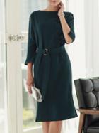 Shein Dark Green Round Neck Belt Split Dress