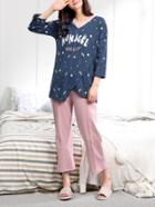 Shein Seamless Pattern Overlap Front Tee & Pants Pj Set