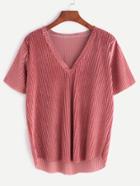 Shein Pink V Neck Dip Hem Velvet T-shirt