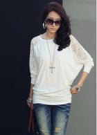 Rosewe Batwing Sleeve Lace Splicing White T Shirt