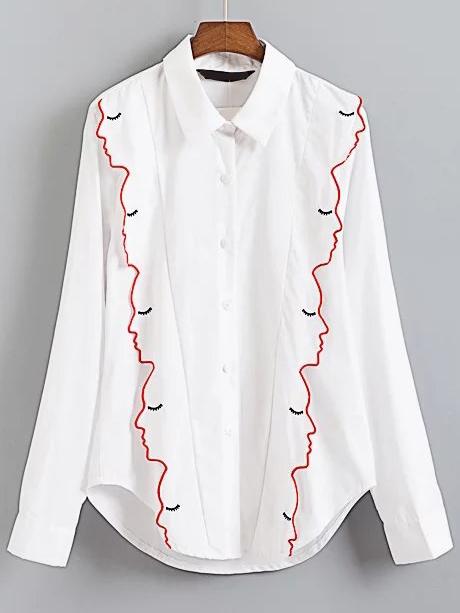 Shein White Embroidery Vertical Striped Blouse