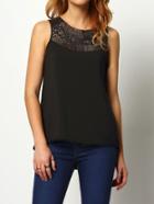 Shein Black Round Neck Lace Chiffon Tank Top