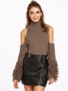 Shein Coffee Turtleneck Cold Shoulder Fringe Sleeve Sweater