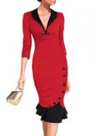 Rosewe V Neck Button Decorated Red Bodycon Dress