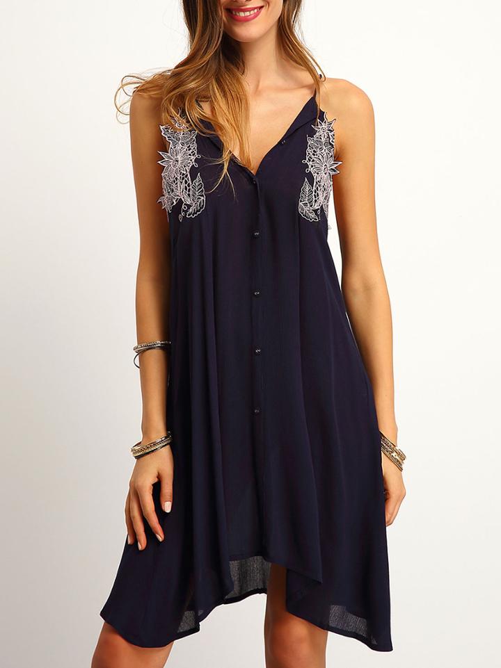 Shein Navy Spaghetti Strap Embroidered Cami Dress