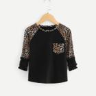 Shein Girls Ruffle Leopard Panel Tee