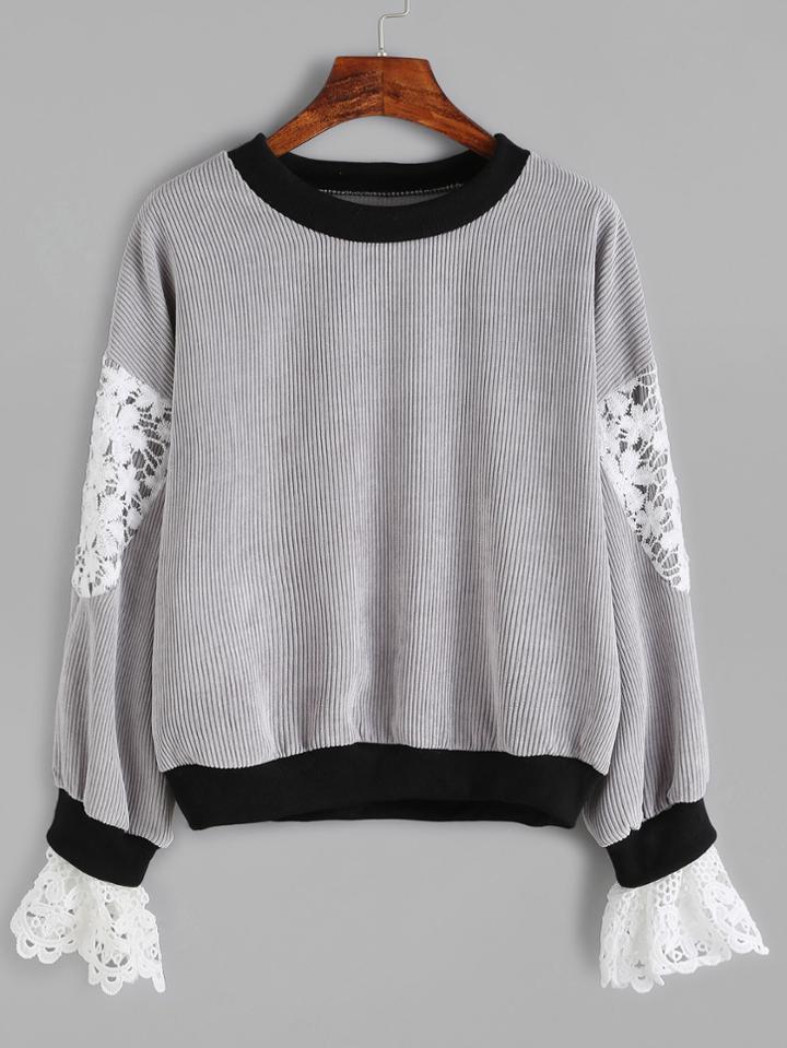 Shein Contrast Trim Crochet Insert Ribbed Sweatshirt