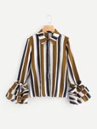 Shein Bow Tied Layered Cuff Vertical Striped Blouse