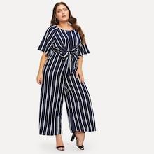 Shein Plus Knot Front Striped Wide Leg Jumpsuit